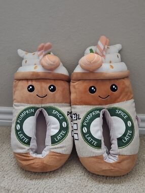 Pumpkin Spice Latte Plush Slippers - Cute Coffee Cup Design